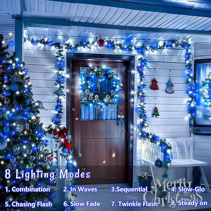 QITONG 165ft 500 LED Blue and White String Lights, Christmas String Lights with Green Wire, 8 Modes Twinkle Lights Plug in