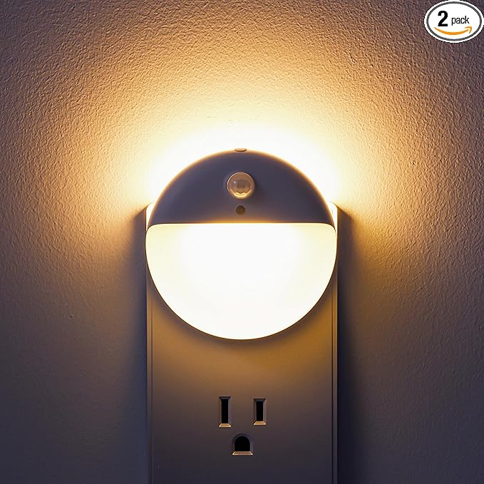 2 Pack Plug in Night Light with Motion Sensor and Dusk to Dawn Sensor, Stepless Dimming, Warm White LED Nightlight with 3 Lighting Ways for Bathroom, Bedroom, Kitchen, for Kids, Adults