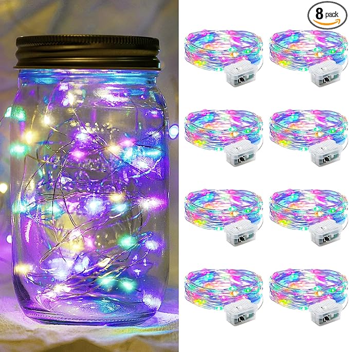 8 Pack Fairy Lights 7Ft 20 LED Twinkle String Lights 3 Modes Battery Operated Waterproof Firefly Starry for Mason Jar Party Wedding Easter Valentines Day Table Centerpieces,Rainbow-Pastel