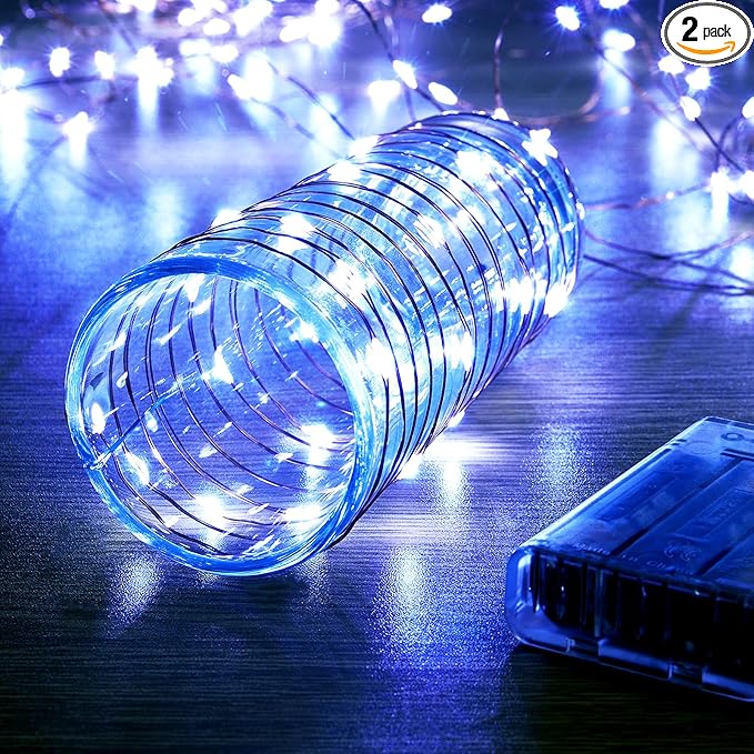 2 Pack 16.4ft Battery Operated String Lights with Timer, Cool White with Synchronized Twinkle Mode, Fairy Lights Battery Powered, 50 LEDs, Idea for Christmas Bedroom Party Wedding