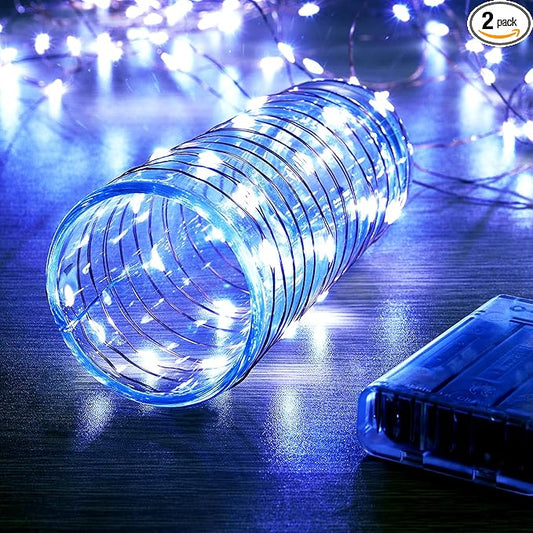 2 Pack 16.4ft Battery Operated String Lights with Timer, Cool White with Synchronized Twinkle Mode, Fairy Lights Battery Powered, 50 LEDs, Idea for Christmas Bedroom Party Wedding