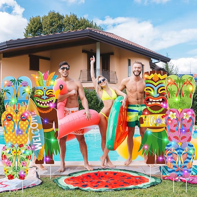 Bencailor 4 Pcs Hawaiian Luau Decoration Outdoor Totem Yard Signs with Stakes LED Large Aloha Tropical Themed Party Supplies Bar Decor for Outdoor Lawn Garden Beach Sand(Hawaiian)