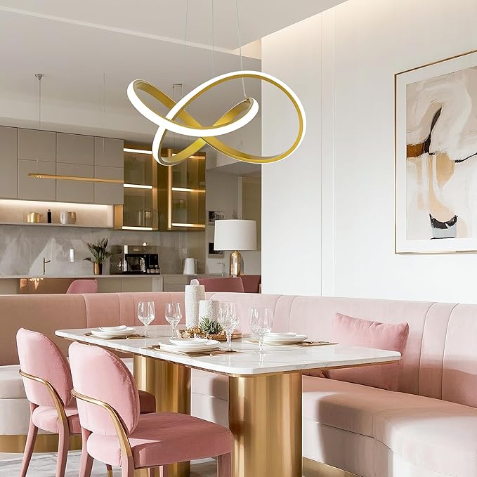 MAYNA Modern LED Chandelier with Remote Control, Dimmable LED Chandelier with 3 Color Temperature,Height Adjustable Pendant Lights for Dining Room Foyer Entryway Kitchen Living Room, Gold 19.7 inch