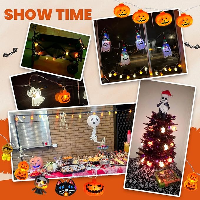 Halloween Decorations 20LED 9.8FT Pumpkin String Lights Batteries Operated Battery String Lights Outdoor Indoor Orange Pumpkin White Ghosts Vampires Mummies Halloween Party Decorations