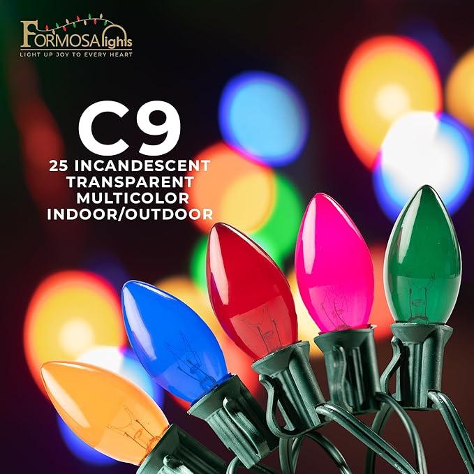 C9 26ft Indoor/Outdoor Transparent Multicolor Incandescent Christmas String Lights with 25 Bulbs and E17 Base | 120V, 7W