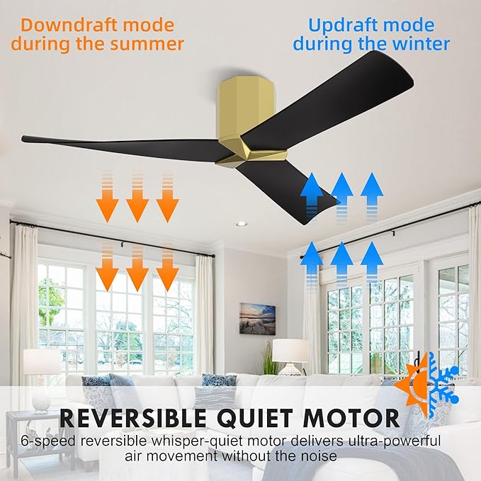 WINGBO 52" Ceiling Fan no Light - Brass and Black DC Flush Mount Ceiling Fan, 3 ABS Plastic Curved Blades, 6 Speed Reversible DC Motor, Hugger Ceiling Fans No Light for Kitchen, Bedroom, Living Room