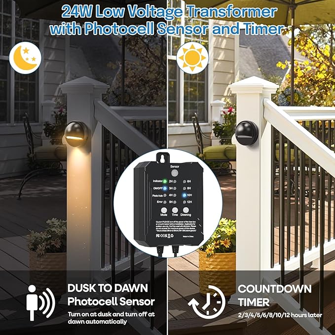 HIBOITEC Low Voltage Deck Lights Kit with Transformer Photocell Sensor and Timer IP67 Waterproof Fence Lights UL Listed Wire for Outdoor Garden Patio Landscape Lighting Walkway Steps Warm White 8Packs