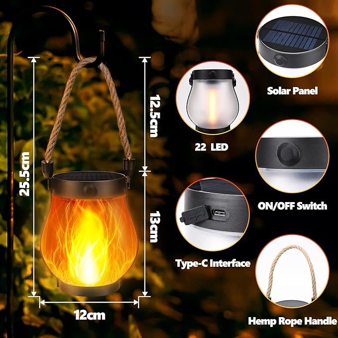 iBaycon 2 Pack Solar Lanterns Lights, Flickering Flame Garden Lights with 2 Modes Dual Charging USB & Solar, Outdoor Waterproof Hanging Lantern for Yard Patio Porch Decor (Warm White)