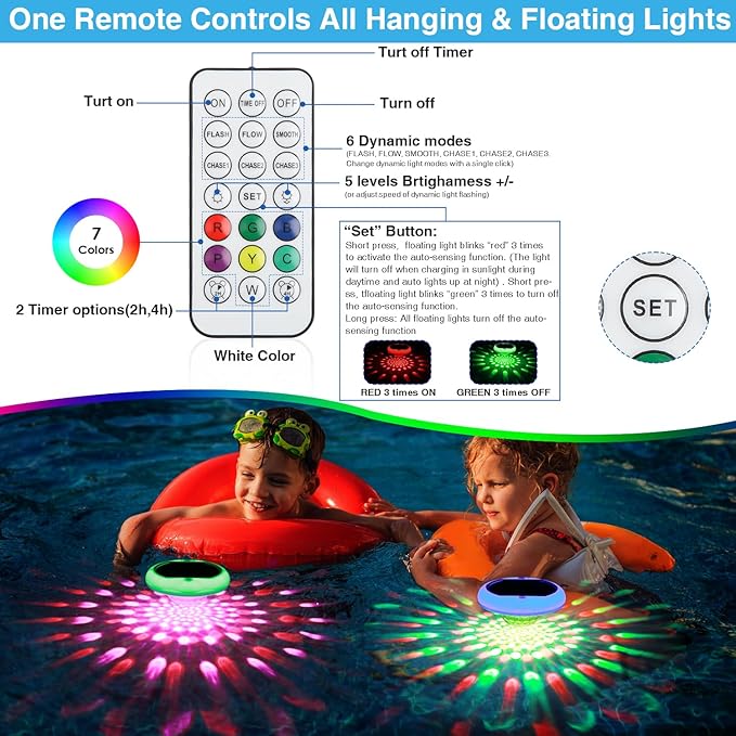 Solar Floating Pool Lights(2 Pack), Rechargeable Pool Lights that Float with Remote, 6.7'' 2600mAh IP68 Waterproof Floating Light 13 Colors Upper and Lower Glow Solar Light for Pools