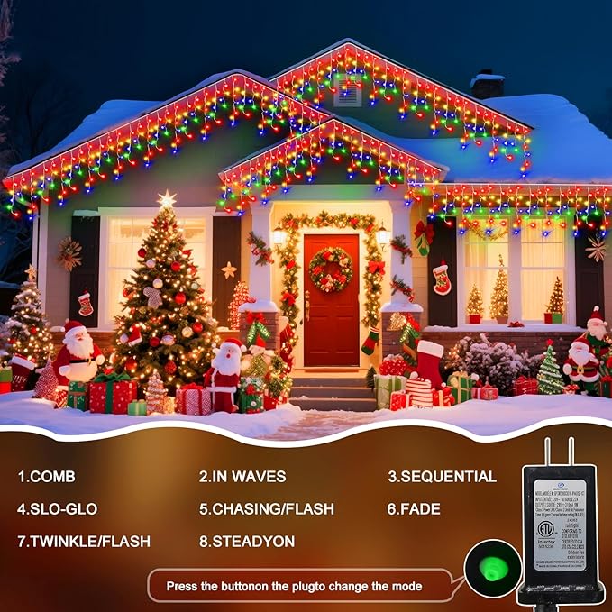 98 Ft Ice Lights for Outside, 1216 LED Christmas Lights Outdoor Plug in, Christmas String Lights with 8 Modes & Timer for Holiday, Party, Wedding, House, Patio, Outdoor Decor(Cool White)