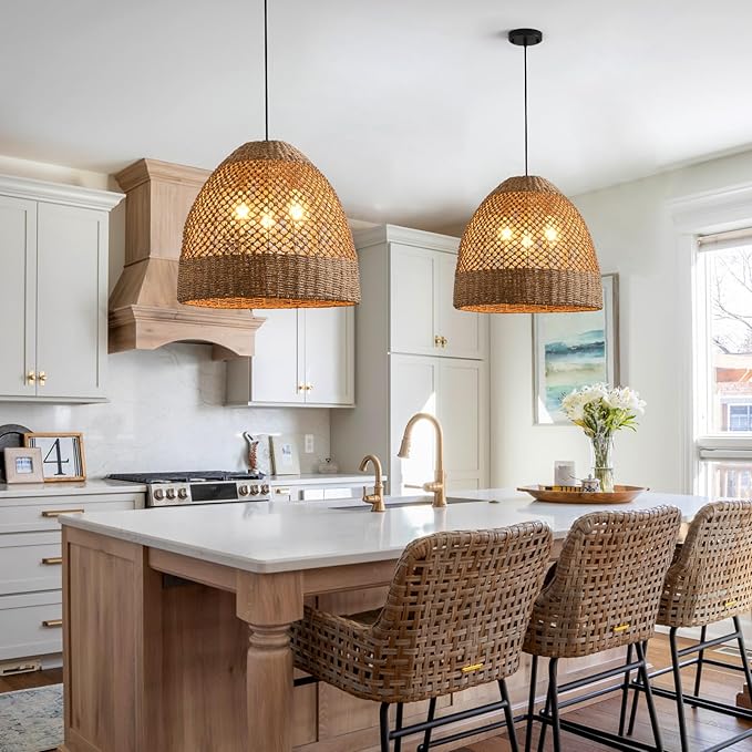 19” Large Rattan Pendant Light Fixture,3 Light Boho Handmade Woven Wicker Rattan Ceiling Farmhouse Chandelier for Kitchen Island Dining Rooms, Corridors, and Entrance Halls.