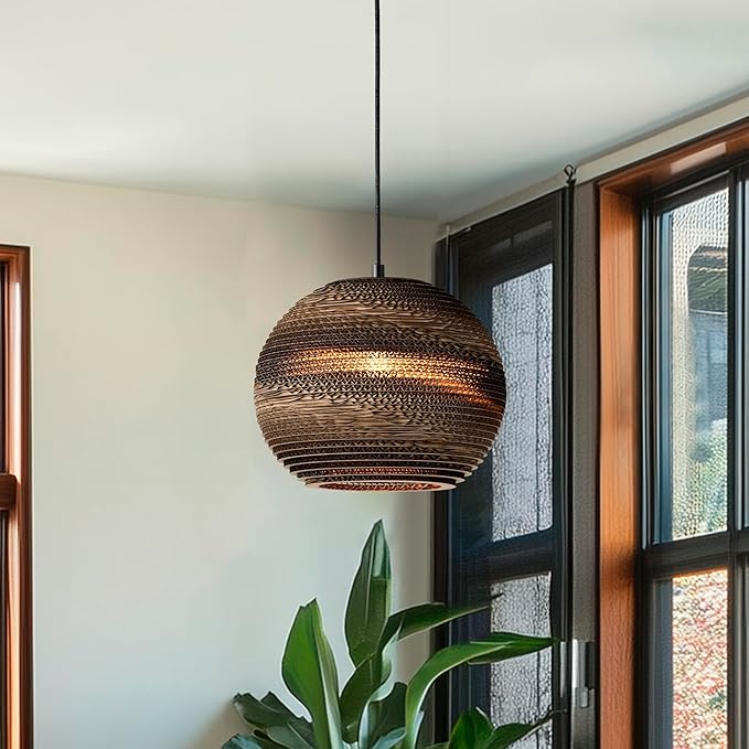 Edvivi Pendant Light with Nordic Style Globe Paper Shade, 1-Light 10.25 in. Dia Natural Brown Cardboard Chandelier, Adjustable Hanging Light Fixture for Dining Table, No Bulbs Included