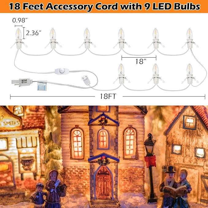 Meonum Christmas Village Lights Cord with Dimmer, C7 LED Lights with 2 Spare Fuse & 9 LED Bulb, Blow Mold Light Cord for Christmas Houses Villages, Holiday Craft Decorations, Night Light(White)