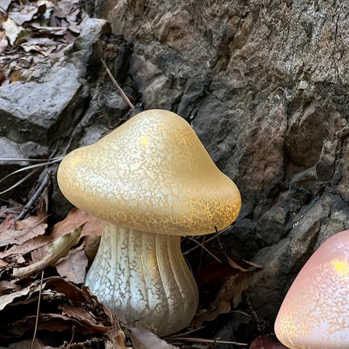 Glass Mushroom Lamp Cute Lamps for Bedrooms Battery Operated Mushroom Night Light Funky Lamp Ideal for Indoor & Outdoor Garden Decor (Yellow, Set 1)