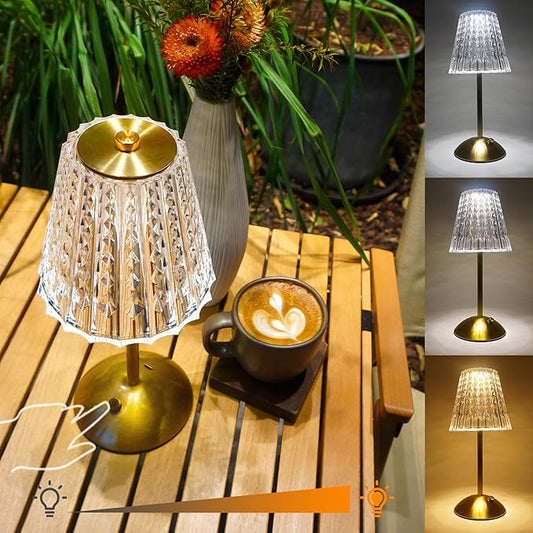 Cordless Table Lamp, 4000mAh Rechargeable Battery Operated Lamp, 3 Color Modes & Stepless Dimmable LED Touch Lamp, Portable Crystal Metal Beside Lamps for Bedroom Restaurant Outdoor(Gold)