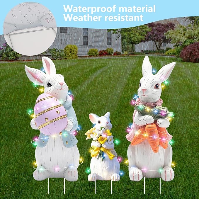 Extra Large Easter Decorations Outdoor Bunny Yard Signs 3pcs with Stakes Cute Bunny Yard Decorations with LED Lights Holiday Welcome Signs for Party, Lawn, Garden Yard Decor