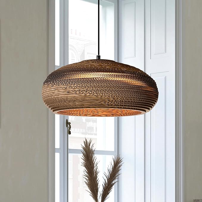 Edvivi Pendant Light with Nordic Style Dome Paper Shade, 1-Light 15.75 in. Dia Natural Brown Cardboard Chandelier, Adjustable Hanging Light Fixture for Dining Table, No Bulbs Included