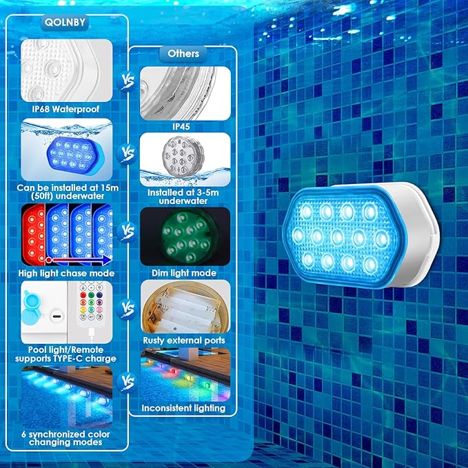 Pool Lights, Rechargeable Submersible LED Lights with Remote, Rechargeable IP68 Waterproof Underwater Lights, 16 Color Changing Pool Lights forInground Pool,Bath,Pond -2 Pack