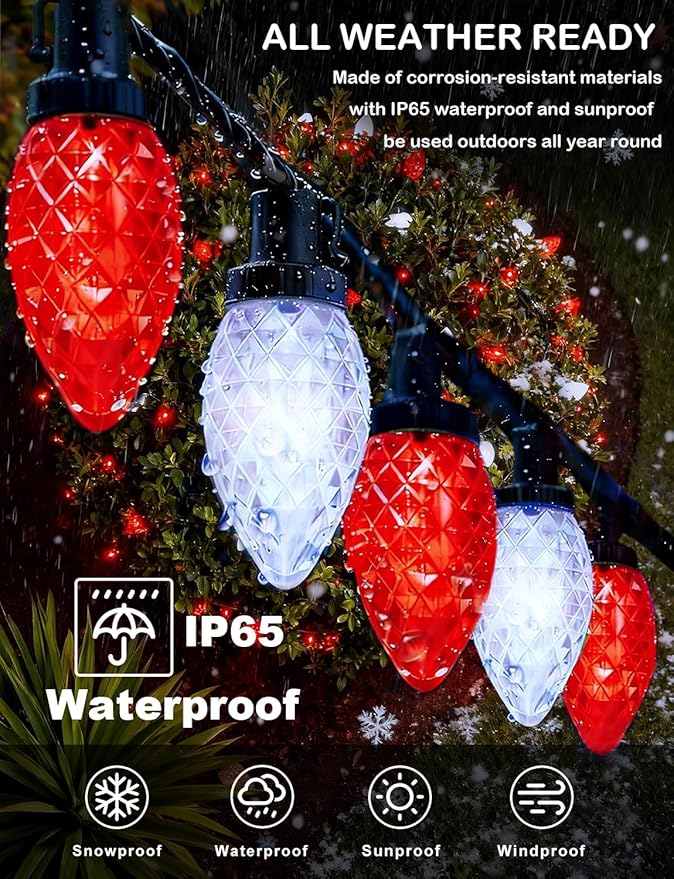 C9 Ultra Bright Solar Christmas Lights 50 LED Red White String Lights Strawberry Flower Design Outdoor Waterproof with 8 Modes for Valentine's Day Wedding Centerpiece Decoration