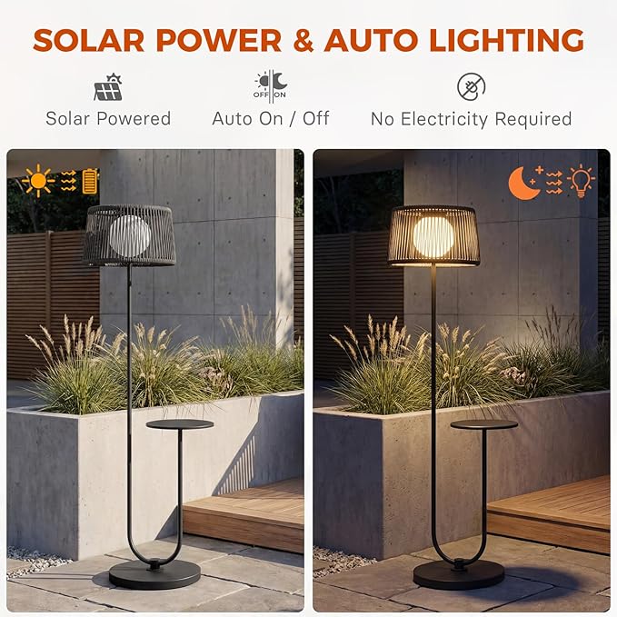 Solar Yard Outdoor Floor Lamp with Side Table, U-Shaped Modern Metal Outdoor Lamp, 3000K Warm White, IP56 Waterproof, Patio Garden Deck Balcony Coffee Table Light, Black