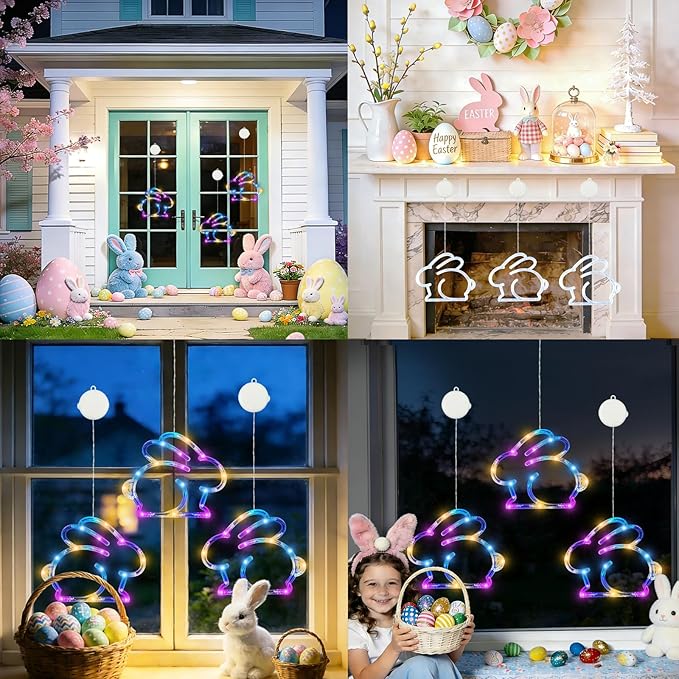 3 Pack Easter Window Lights, Multicolor Bunny Lights, Battery Operated Easter Window Decorations Light up with Suction Cup and Timer Function for Indoor Window Glass Wall Party Decor