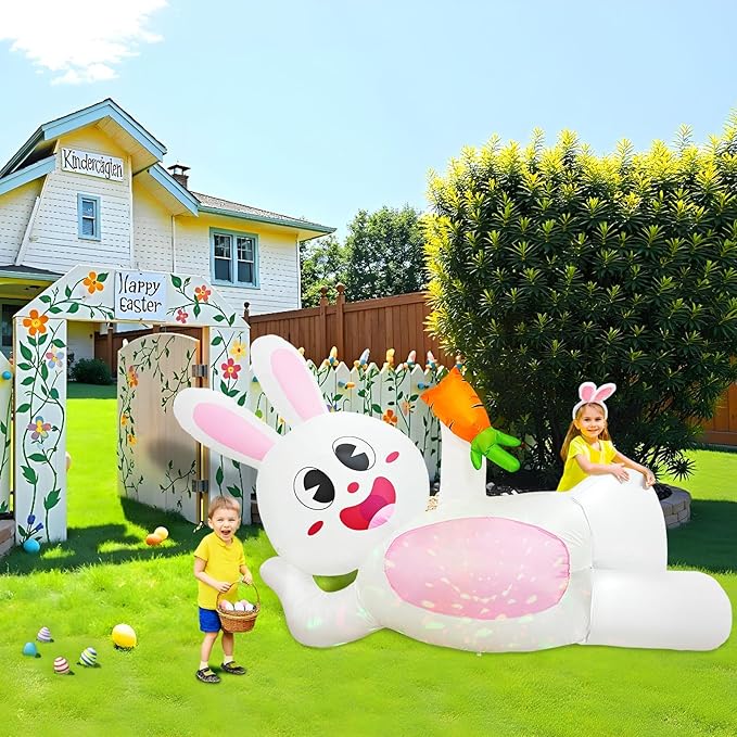 OurWarm 8FT Easter Inflatables Outdoor Decorations, Lying Inflatable Easter Bunny Decor, Easter Bunny Blow up Inflatable with LED Lights, Easter Blow Ups for Outside Holiday Roof Lawn Yard Decor