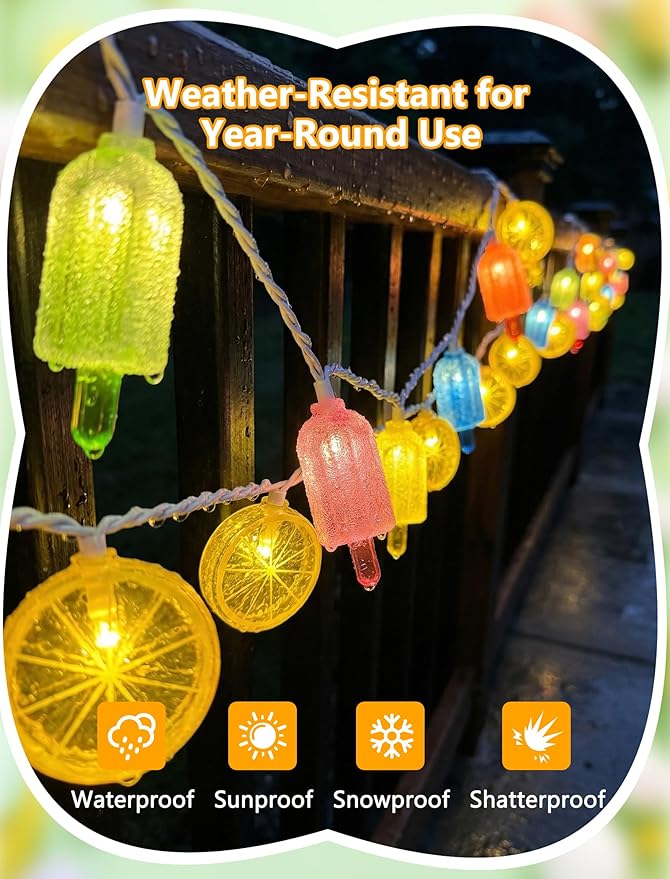 8.5Ft LED Popsicle and Lemon String Lights, Hawaiian Beach Decorations Lights with 10 Multicolor Popsicle and Yellow Lemon Bulbs, Summer Tropical Themed Fairy Lights for Home Party Holiday Camping