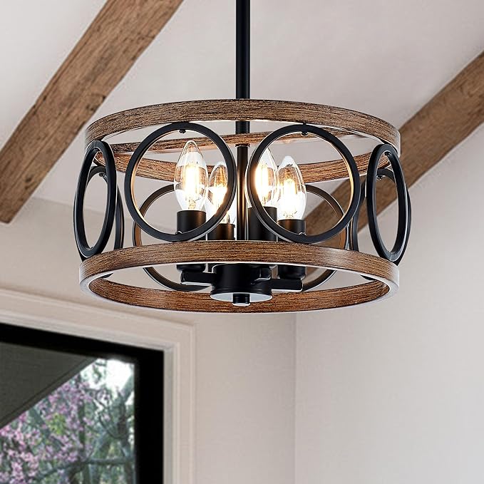 4-Light Farmhouse Drum Pendant Light,12.6'' Nature Wood Texture Vintage Rustic Chandeliers Black Metal Industrial Hanging Light Fixtures for Entryway, Bedroom Dining Room