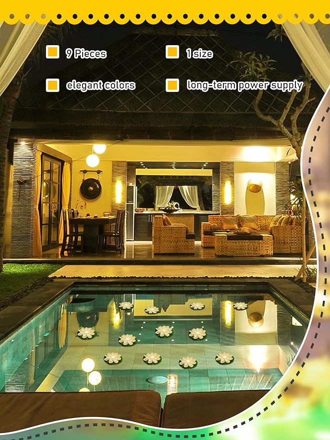 Hortsun 9 Pcs Floating Lotus Lights with Batteries Lily Pads Pool Flowers Floating Candles Decor Artificial Pond Plants Decorations for Pool Pond Outdoor Indoor (White,Yellow Light,3.94 Inch)