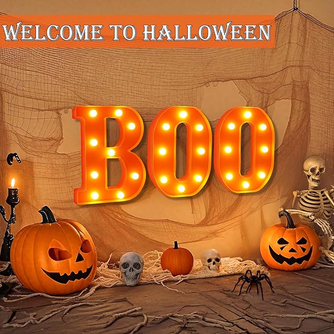 Halloween Decorations Indoor - Boo 3 Pack LED Light Up Hanging Letters Orange Boo Signs Light for Indoor Halloween Decor Home Table Party Wall Mantel Fireplace Bedroom, Warm White Lights