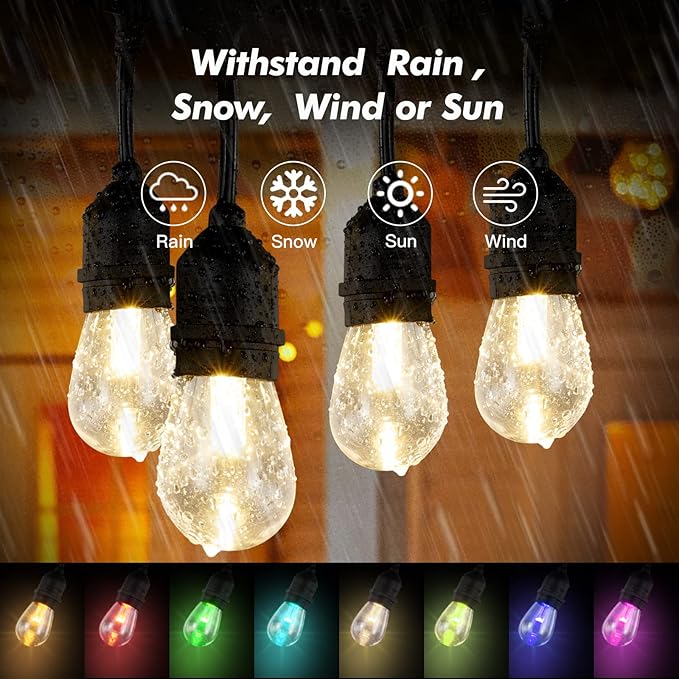 48FT RGB Outdoor String Lights, 15 Shatterproof Edison LED Bulbs, Waterproof Color Changing Patio Lights with Remote. Dimmable Decorative Lighting for Backyard, Camping.