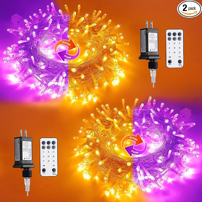 JMEXSUSS 2 Pack 33ft 100 LED Orange Purple Halloween Lights Indoor Outdoor, Color Changing Christmas Lights Plug in, Connectable Clear Wire String Light for Christmas Tree Party Xmas Decorations