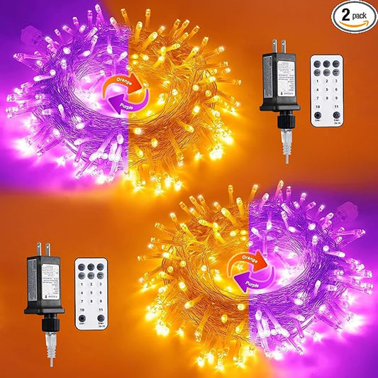 JMEXSUSS 2 Pack 33ft 100 LED Orange Purple Halloween Lights Indoor Outdoor, Color Changing Christmas Lights Plug in, Connectable Clear Wire String Light for Christmas Tree Party Xmas Decorations
