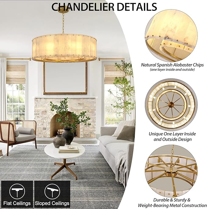 Alabaster Chandelier D32in Spanish Natural Marble Round Alabaster Chandeliers Adjustable,Modern Brass Living Room Chandelier,Gold Chandeliers for Dining Room,Bedroom,Bathroom,Foyer,E12 Bulbs Included