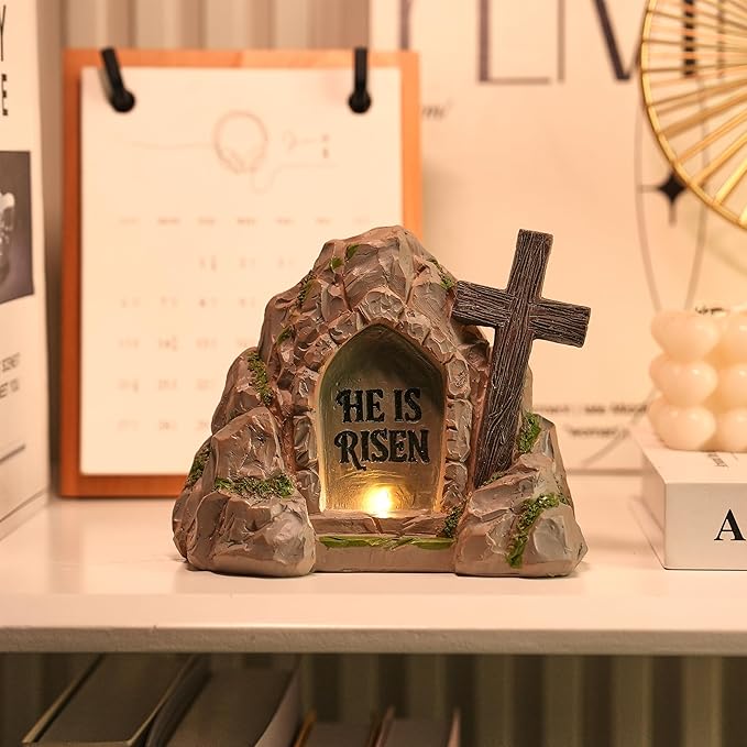 Empty Tomb Easter Decor with LED Lighting, Battery Powered Resurrection Scene for Christian Decoration, Resin HE is Risen Religious Display with Timer, Home Office Tabletop Tray, Shelf Decor