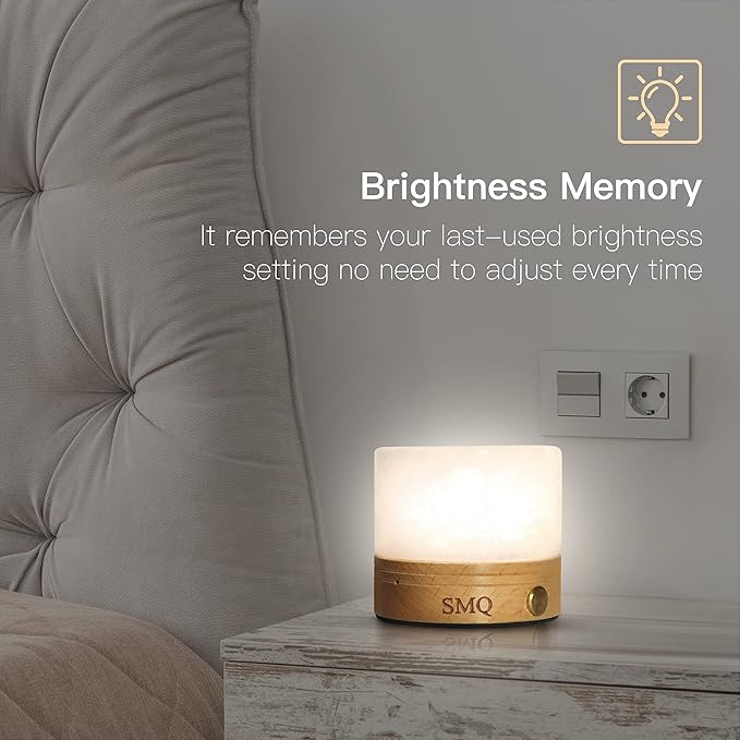 SMQ Clear Quartz Crystal Night Light with USB Charging Port,Healing Crystals Polished Gemstone Touch Control Table Led Lamp with Wooden Base for Nursery,Living Room,Office