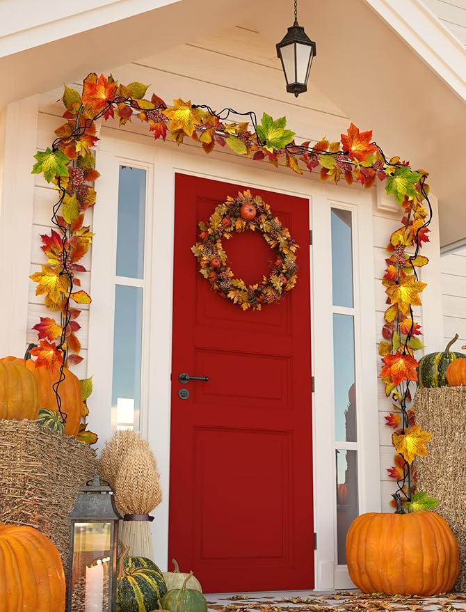 Maple Leaf String Lights Thanksgiving Decorations, Fall Garland Lights String with 35 LED Orange Yellow Green Lights for Connectable Display Indoor Outdoor Fall Decor Halloween Decorations