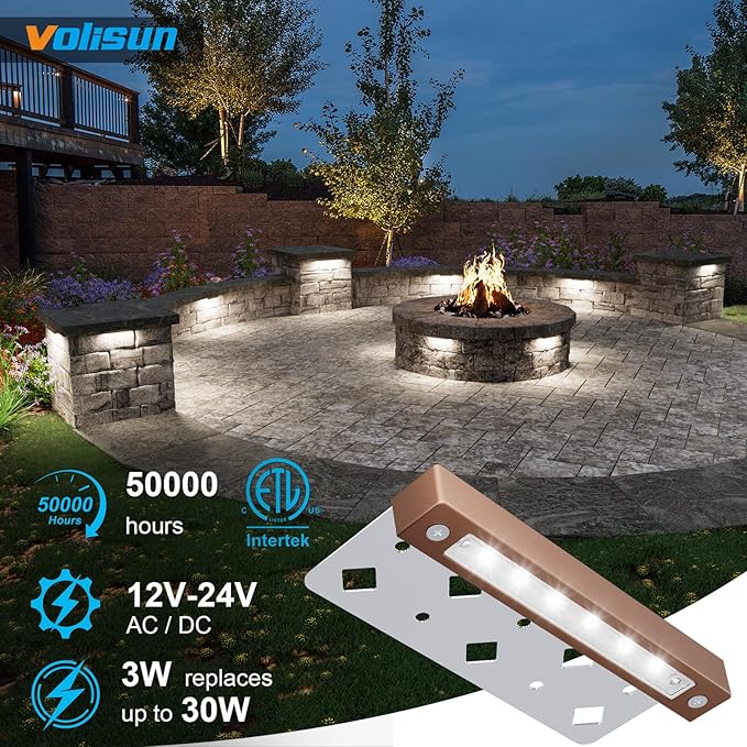 VOLISUN 24 Pack 7 Inch Retaining Wall Lights, Waterproof LED Hardscape Lighting, Cuttable Low Voltage Landscape Lighting, 12V Paver Lights, 3W Outdoor Step Lights, 5000K Daylight, ETL