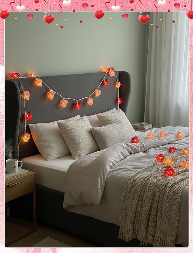 8.5ft Valentine’s Day Heart String Lights Plug in, Vintage Rattan Lights with 10 LED Red Pink Shatterproof Bulbs, Fairy Lights for Indoor Outdoor Home Decor Wedding Party Birthday, Warm White