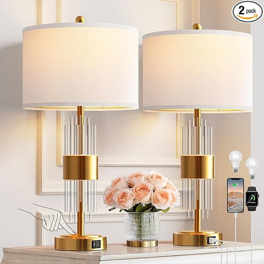 QiMH Table Lamp for Living Room with USB A+C Ports, Gold Bedside Lamps for Bedrooms Set of 2 with Touch Control, Modern Nightstand Lamp White Lamp Shade Home Office Decor (2700K LED Bulb Included)