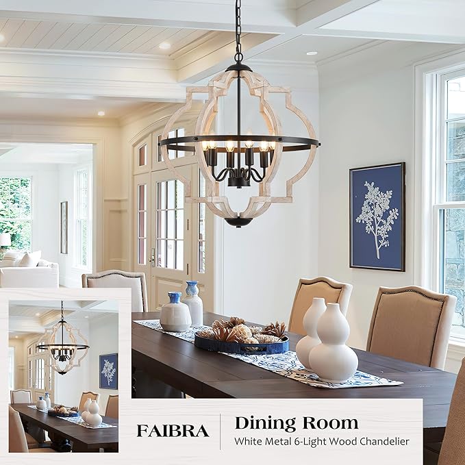 6-Light Farmhouse Wood Pendant Light,22.83'' Vintage Rustic Light White Wood Chandeliers,Retro Industrial Hanging Light Fixtures for Dining Room Entryway, Bedroom