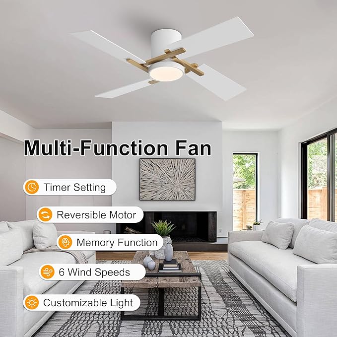 WINGBO 48" Flush Mount Ceiling Fan with Light - 4 Plywood Blades, 6-Speed Reversible DC Motor, Dimmable, 3CCT, Noiseless Low Profile Ceiling Fans and Light for Bedroom Living Room, Gold and White