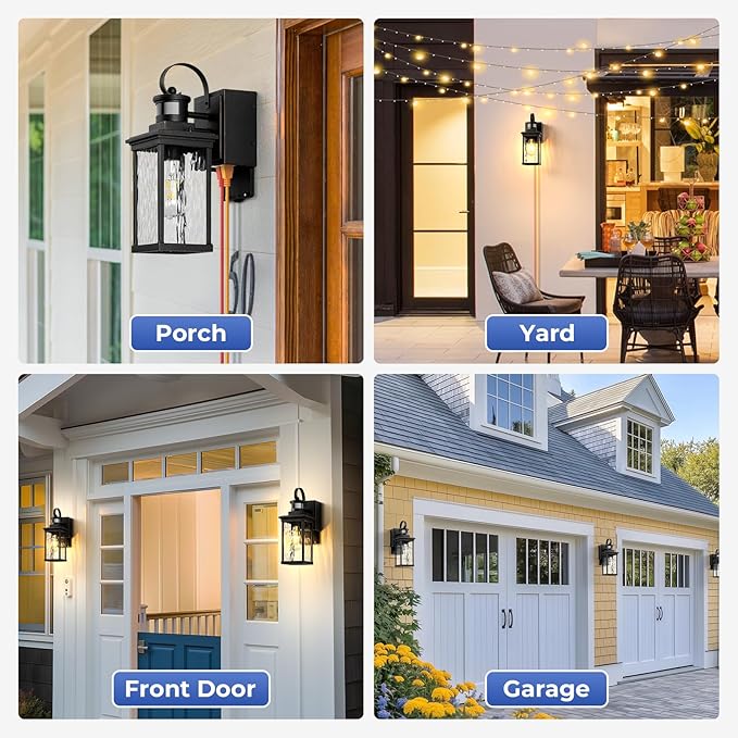 Outdoor Wall Sconce Lights with GFCI Outlet, Modern Black Gold Trim Motion Sensor Outdoor Garage Lights Wall Mount Sconce Lantern, Die-cast Aluminum Exterior Lighting Fixtures for House, Porch