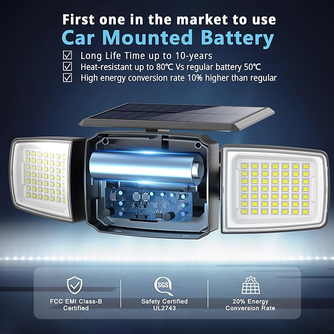 Solar Security Light Outdoor Super Bright LED, Motion Sensor Flood Light, 3 Heads 270° Wide Angle,Remote Control, IP65 Waterproof, 3 Modes (3 Packs)
