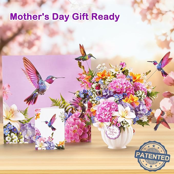 Pop Up Mothers Day Card with Music & Lights, 3D Pull-Out Flying Hummingbird Flower Bouquet Greeting Card, Elegant Floral Mom Keepsake Gift with Envelope for Mother Wife from Son Daughter Husband