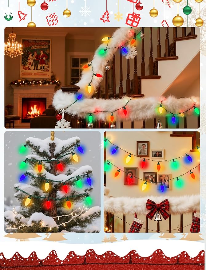 26FT C9 Christmas String Lights, Outdoor Christmas Decorations Lights with 50 LED C9 Multicolor Opaque Bulbs Waterproof, Hanging Patio Light for Christmas Tree Patio Roofline Garden Party Holiday