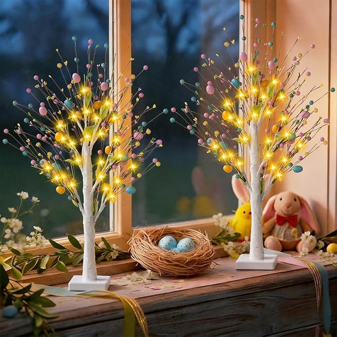 Easter Decorations 2 Pcs 25inch Lighted Easter Tree with Timer&Battery Operated,Pre-Lit Easter Egg Tree Tabletop Decor with LED Lights,Eggs,Artificial Birch Trees for Home Party Mantel Indoor Spring