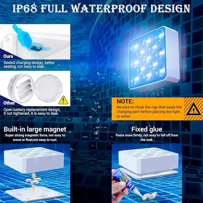 LOFTEK Rechargeable Pool Light with Magnetic, Submersible LED Lights with Remote, 13 LEDS Underwater Light,16 Color Changing & Waterproof for Inground, Above Ground Pool, Shower, Hottub, Pond (8 Pack)