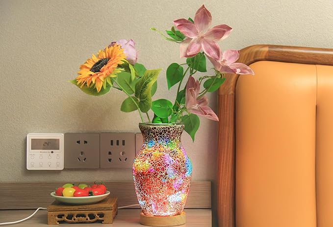 8-Inch Handcrafted Mosaic Cracked-Ice Vase Bedside Lamp with USB-Powered LED Wooden Base,Single-Switch Auto-Cycle RGB Mood Light, Ruby Red Vase USB Night Light for Party,Camping Decor