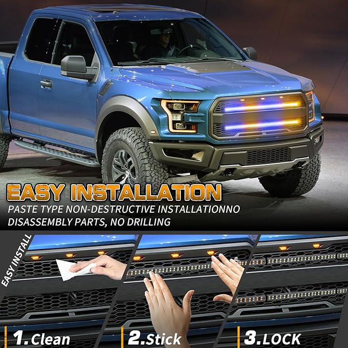 XRIDONSEN 2PCS 24 inch Amber Blue Truck Grill Emergency Lights Strip 288 LED Grille Strobe Lights Flashing Warning Safety Waterproof First Responder Lights for Firefighter Police Vehicles Fire Trucks
